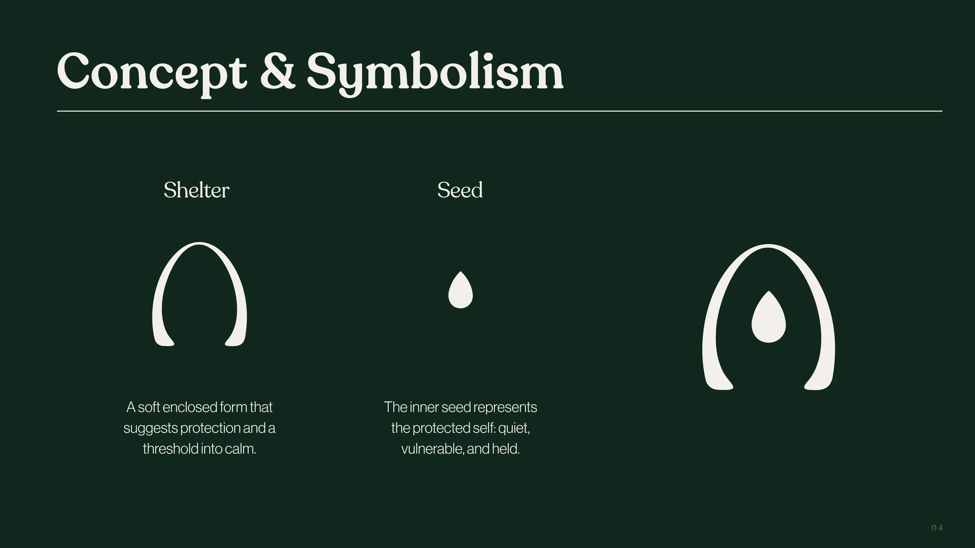 Havenn concept slide showing the shelter arch, the seed drop, and the two combined into the final isotype