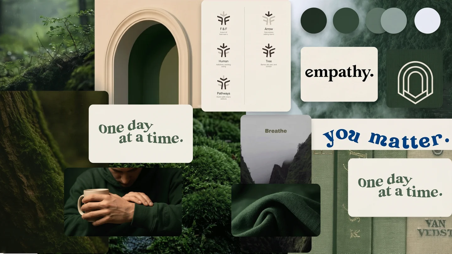 Havenn mood board: rainforest and moss photography, arch motifs, the green palette, and affirmation cards reading empathy, breathe, one day at a time and you matter