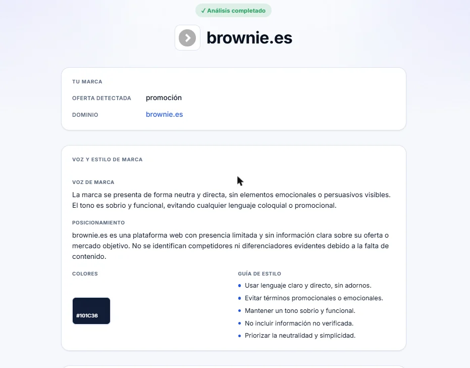Adcompas preview screen showing the detected brand voice, positioning and colour