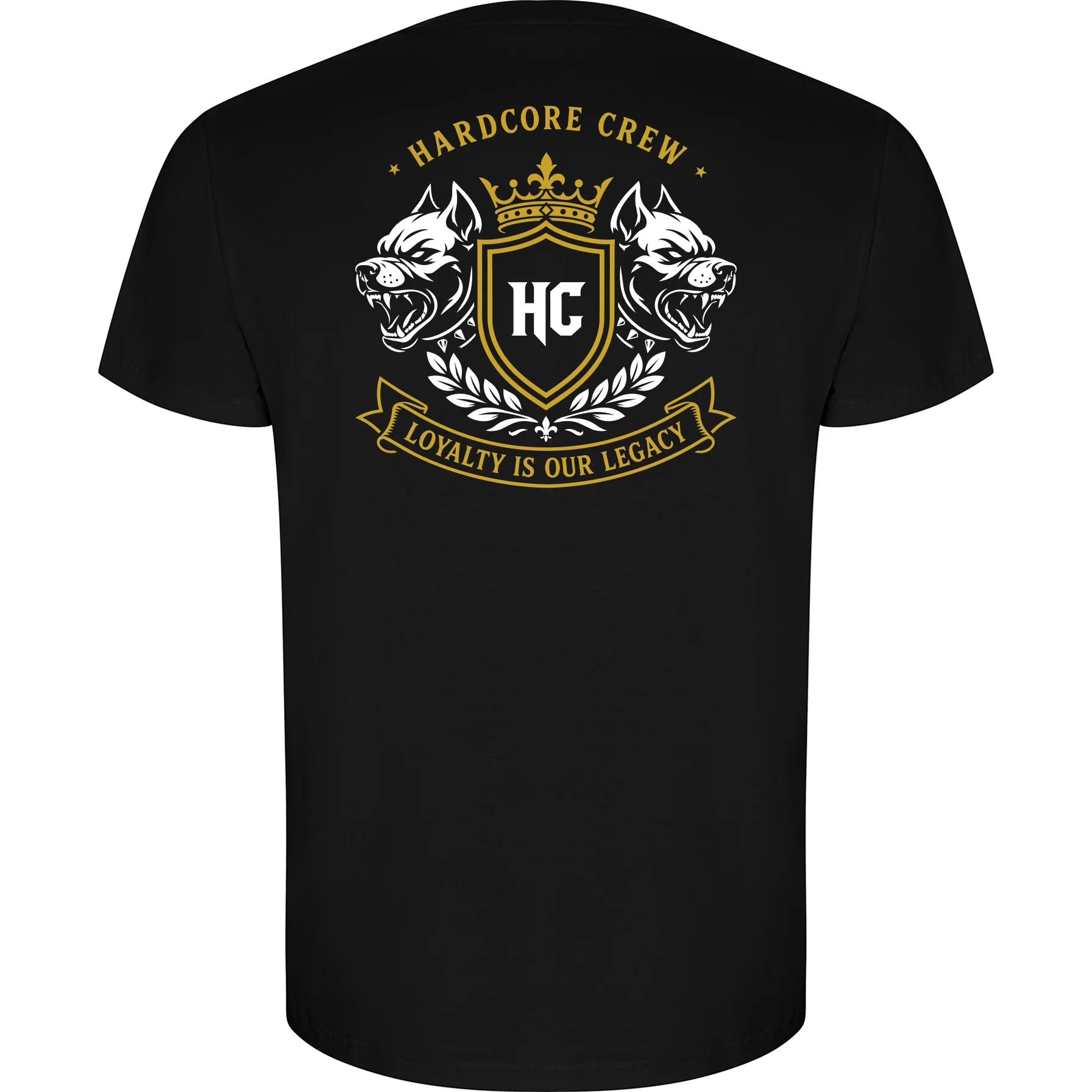 Crew Tee back view with the gold Hardcore Crew crest