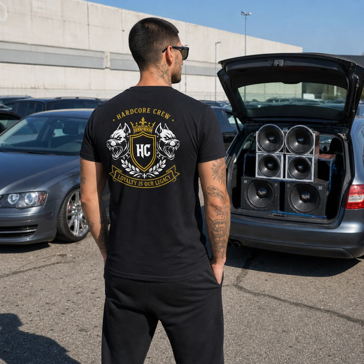 Hardcore Crew shirt worn in an industrial parking lot beside a car with audio speakers